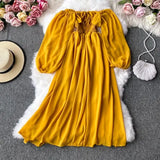 Autumn Women Slash Neck Long Sleeve Midi Dress Female Yellow/Red/Pink High Waist Ruffle Big Swing Chiffon Robe Fashion 2022