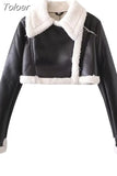 MODA 2023 Autumn Winter Women Thick Warm Faux Leather Shearling Short Jacket Ladies Vintage Coat Female Outerwear Chic