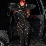 Sexy See Through Cutout Tight Jumpsuit Women Club Outifts Streetwear Hooded Bodycon All In One Baddie Clothes