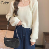 Women Pullovers Elegant Ladies Spliced Designed Solid Color Tender Square Collar Sweaters Retro Puff Sleeve Knitwear Cropped