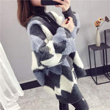 Sweater Cardigan Women Autumn Winter Korean Thick Knit Cardigans Argyle Oversized Hit Color Knitwear Outwear Coat