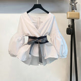 2022 Spring 2 Pcs Suits Women's Striped Bow Lantern Sleeve Blouse Black Split Flare Sleeve two piece set top and