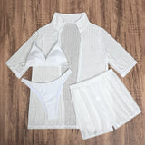 2024 Solid Color New Beach Sunscreen Shirt Shorts Four-Piece Swimsuit