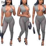 3 Pieces Set Bandage Lace Up Halter Crop Top Sheer Mesh Pants set Party Night Club Outfits Streetwear See Through