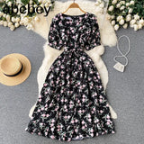 Ruffles Boho 2022 O Neck Summer floral print long split Dress Party Women high waist dress beach holiday tunic