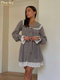 Fashion Loose Gray Dresses For Women Casual Doll Collar Long Sleeve Mini Dress Elegant Lace-up Patchwork Female