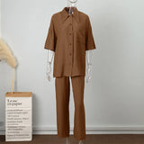 Loose Women Trouser Suits Short Sleeve Shirt With High Wasit Pants 2 Piece Sets Spring Pleated Elegant Brown Lady