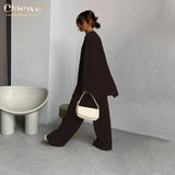 Fashion Loose 2 Piece Pants Set Women Casual Long Sleeve T-Shrit Matching Wide Trousers Suit Vintage High Wasit Pant