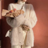 Mohair Pearl Buttons Cardigan Women's Mink Cashmere Sweater Fall Winter 2022 New Elegant Chic Suit Korean Clothing