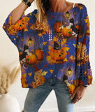 Summer And Autumn Four-Four Words Collared Linguum Bat Pumpkin Bat Halloween Print Long-Sleeved Lady