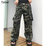 Streetwear Camouflage Cargo Women Jeans Vintage Goth Pocket Up Denim Trousers Harajuku Bandage Baggy 90s Straight
