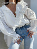White Cut Out Shirt For Women V Neck Puff Sleeve Loose Solid Minimalist Button Through Blouse Female Clothing