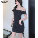 Dresses For Women 2023 Sexy Slash Neck Off-Shoulder Folds Mesh Mini Club Glitter Evening Runway Female Dress