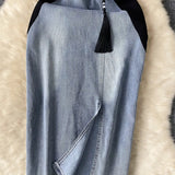 National Trend Denim Dress Women's New Chinese-Style Retro Embroidery Waist Thin Open Fork Ass Fashion