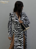 Sexy V-Neck Stripe Print Dress Ladies Fashion Long Sleeve High Waist Midi Dress Vintage Loose Elegant Dresses For