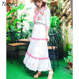 Embroidery Vacation Elegant Midi Dress Women 2023 Spring Elastic Waist Long Sleeve Cotton Long Dress V Neck Ethnic