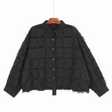Women Dark Gray Plaid Tassels Big Size Blouse New Lapel Long Sleeve Loose Fit Shirt Fashion Spring Autumn 2023