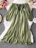 Autumn Women Slash Neck Long Sleeve Midi Dress Female Yellow/Red/Pink High Waist Ruffle Big Swing Chiffon Robe Fashion 2022