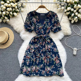 Summer Vintage Women Pleated Chiffon Dress Elegant Floral V-Neck Short Sleeve High Waist Draped A-Line Vestidos Female New