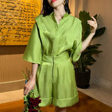 Elegant Fashion Two Piece Set Female Stand Collar Half Sleeve Tops High Waist Loose Shorts Casual Suits For
