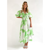 Summer Print V-Neck Sexy Bohemian Bubble Sleeve Holiday Beach