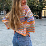 Rainbow Striped Casual Knitted Cropped Cardigan Y2K Vintage Fashion Long Sleeve Sweater Women Autumn Jumpers