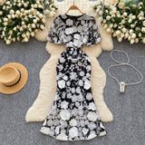 High-End Elegant Heavy Industry Flower Embroidery Round Collar Lantern Sleeves To Close The Waist Slim Slimmed Fishtail Dress