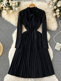 2022 Winter Knitted Pleated Dress Temperamant Bow Tie Long Sleeve Elastic Slim Female Solid Midi Long Sweater