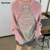 Korean Fashion Bandage Pullover Irregular Lace Up Knitted Jumpers Pink Cape Shawl Cropped Sweater Chic Designer