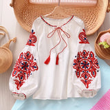 Vacation Retro National Style Embroidery With Esopre V-Neck Lantern Sleeve Shirt Shirt Women Loose