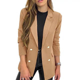 Toloer New Small Suit Coat Women's Solid Color Casual Long Sleeve Lapel Button Autumn Coat-Outfit