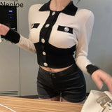 Cropped Cardigan Women Temperament Knitted Sweater Turn-down Collar Long Sleeve Sueter Mujer Contrast Color Coat