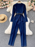 Jumpsuit Women Vintage Jeans Long Rompers Fashion Spring Autumn V-neck Full Sleeve Buttons Belted Casual Rompers