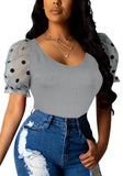Sweet U-Neck Puff Sleeve Dot Print Regular