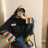 Rainbow Kawaii T Shirt Women 2020 New Spring Long Sleeve Harajuku Tees Casual Student Tops Stripe Oversized