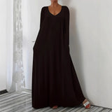 New Long Dress Casual Loose Short Sleeve Pure Color V Collar Body Size