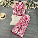 Fashion Positioning Print Strapping Belt Collar Long Sleeve Top Female High-Waist Broad Leg Straight Trousers