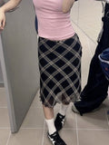 Vintage 90s Plaid Skirt Women Summer 2023 Korean Style Casual Mesh Print High Waist Slim Midi Skirt Girl Y2k