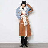Toloer New Long Denim Splicing Lamb Wool Coat Female Lapel Waist Show Thin Temperament Fashion Coat-Outfit
