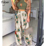 Summer Casual BM Style Plain Sleeveless Cross Sexy Halter Crop Top & Floral Print Wide Leg Pants Set Two Piece Suit