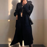 Elegant Solid Long Wool Coat Women Batwing Long Sleeve Loose Drop Shoulder Pocket Coat Split Hem Chic Stylish