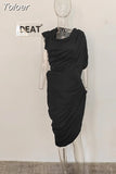 Fashion Women's Dress Slim Asymmetric V-neck Sleeveless Folds Waist Solid Color Knee-length Dresses Summer 2023 New