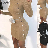 Women Sexy Rib Turtleneck Long Sleeve Single Breasted Mini Bodycon Dress 3 Colors Dresses Women Vestidos