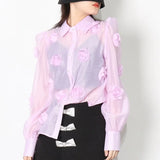 Casual Patchwork Appliques Blouses For Women Lapel Loose Long Sleeve Single Breasted Shirts Female 2022 Clothes