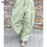 Oversized Wide Leg Cargo Pants Green Casual Baggy Sweatpants Harajuku Drawstring Low Rise Women Hippie Joggers