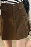 Brown Denim Skirt Women Vintage Cute Korean Style High Waist Pocket A-line Pleated Mini Skirt for Girls Preppy