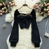 Women Black/White Sexy Blouse Female Elegant Square Collar Chain Decord Puff Long Sleeve Shirt Club Party Blusas 2021