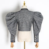 Plaid Coats For Women Butterfly Collar Puff Long Sleeve Ruched Short Streetwear Jackets Female 2023 Autumn Clothes