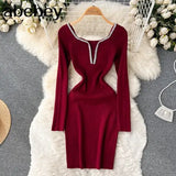 Slim Bodycon Knitted Dress Temperamant Long Sleeve bodycon Sweater Dress Square Collar Women Winter Short