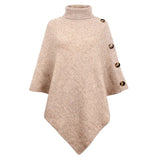 Autumn Winter Button Poncho Women Sweater Oversized Turtleneck Jumper Knitwear Holiday Vintage Cape Batwing Sleeve